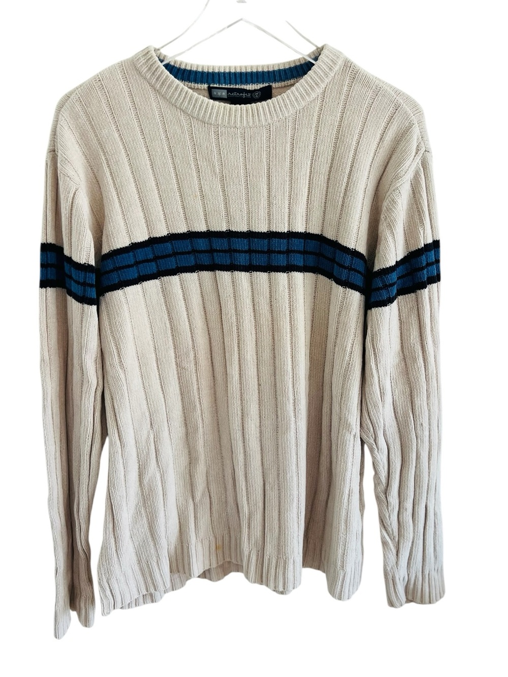 Retrofit Cream Ribbed Crewneck Sweater with Blue Stripes